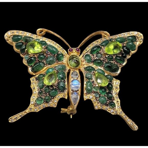 Diamond Emerald Peridot Gilded Brooch Pendant 585 Bail 24k Gold Plated Sterling - Picture 2 of 16